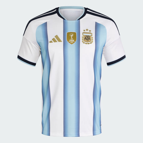 Argentina 2026 World Cup Home Jersey — Adidas flat lay, sky-blue & white stripes, AFA crest